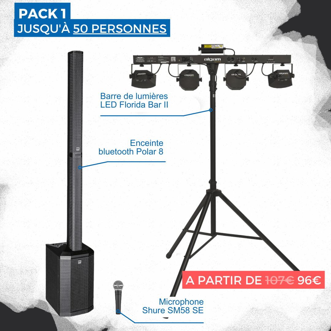 Pack 1 SAES Audiotec – Location d’une enceinte, micro et barre LED pour événements jusqu’à 50 personnes
